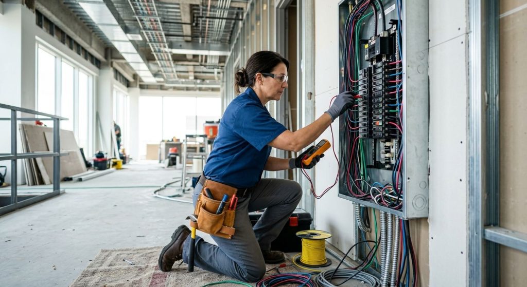 Professional photograph of a licensed electrician in a modern commercial office space undergoing a tenant improvement project