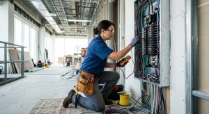 Professional photograph of a licensed electrician in a modern commercial office space undergoing a tenant improvement project