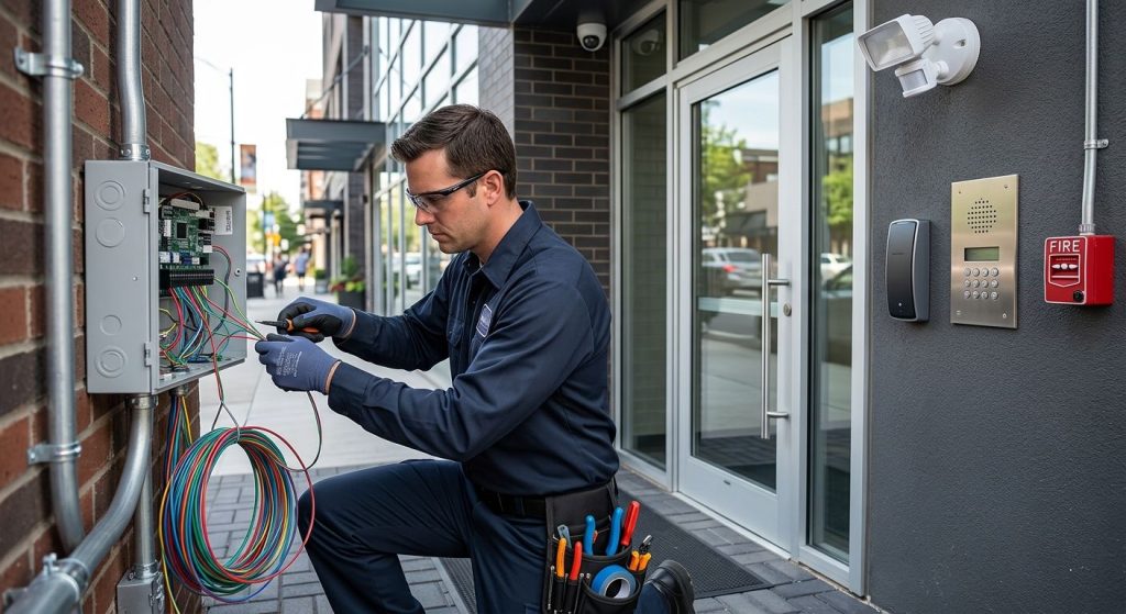 Professional photograph of a modern commercial building entrance with integrated physical security systems, keycard reader, intercom panel, motion-activated floodlight, fire alarm pull station, and a licensed electrician adjusting low-voltage wiring near the access control panel