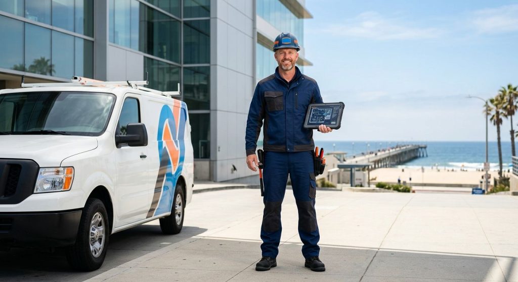 Professional commercial electrician standing in front of a modern building in Hermosa Beach, California, with ocean and pier in background, holding a tablet