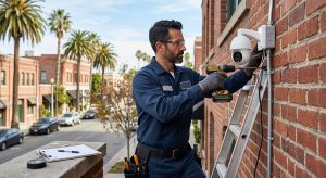 Professional electrician installing security camera in urban streetscape