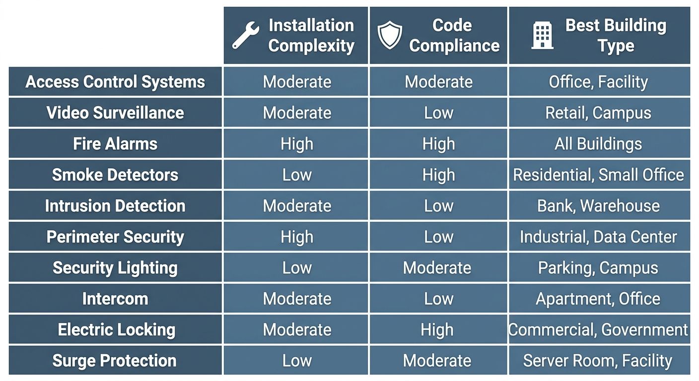 Comparison chart of physical security solutions showing installation complexity, code compliance, and best building type for access control, video surveillance, fire alarms, and more.