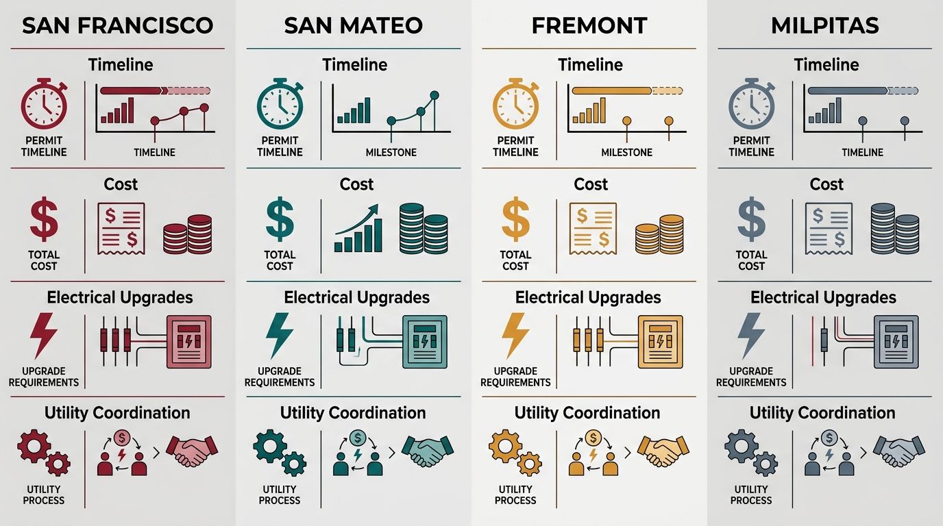 Horizontal comparison infographic for electrical permit costs and timelines in San Francisco, San Mateo, Fremont, and Milpitas for local electricians