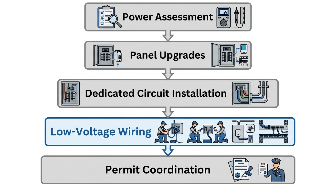 Vertical process flow diagram showing five stages of integrating security systems into existing electrical infrastructure: Power Assessment, Panel Upgrades, Dedicated Circuit Installation, Low-Voltage Wiring, and Permit Coordination.