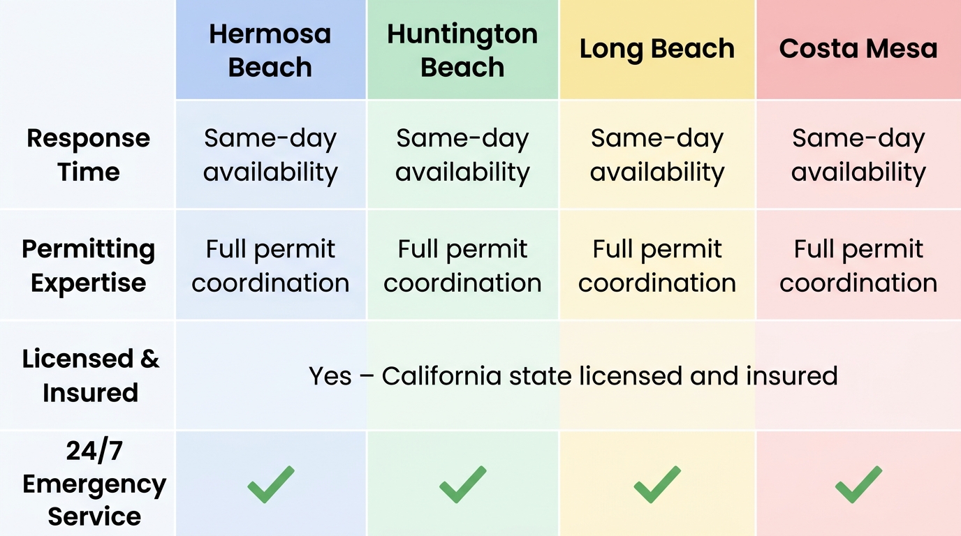 Comparison of commercial electrical services across Hermosa Beach, Huntington Beach, Long Beach, and Costa Mesa