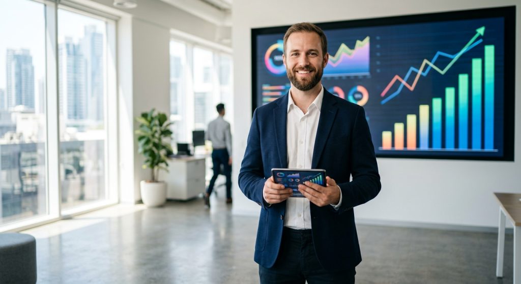 Confident electrical engineer holding a tablet in a modern office with abstract salary growth graphs on a screen behind them