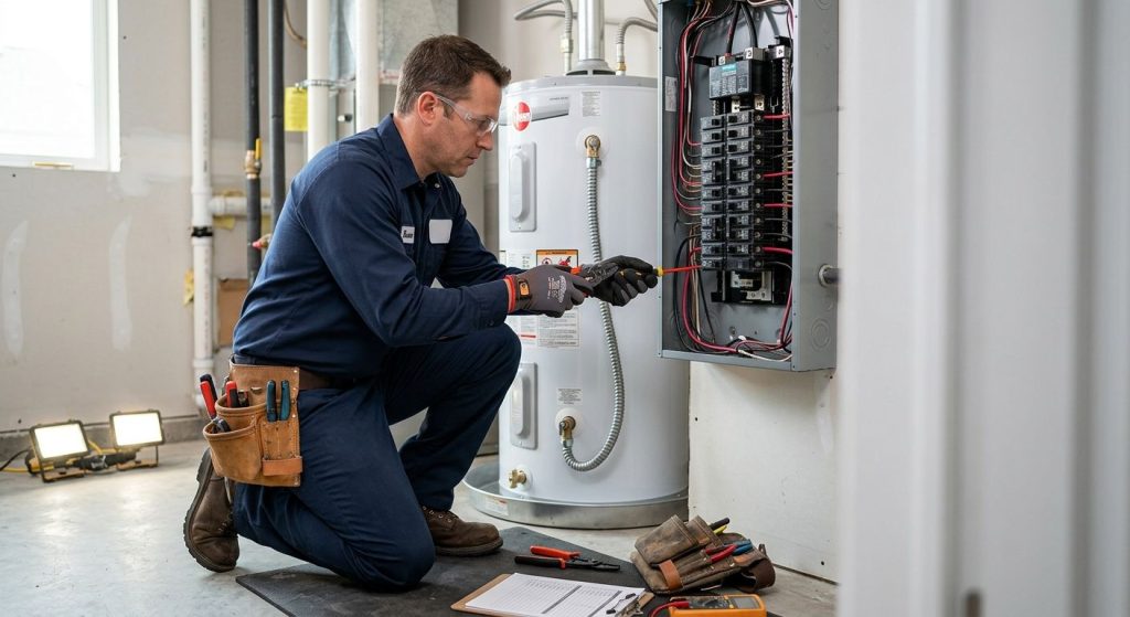 Licensed electrician installing a circuit breaker for a modern water heater in a home utility room