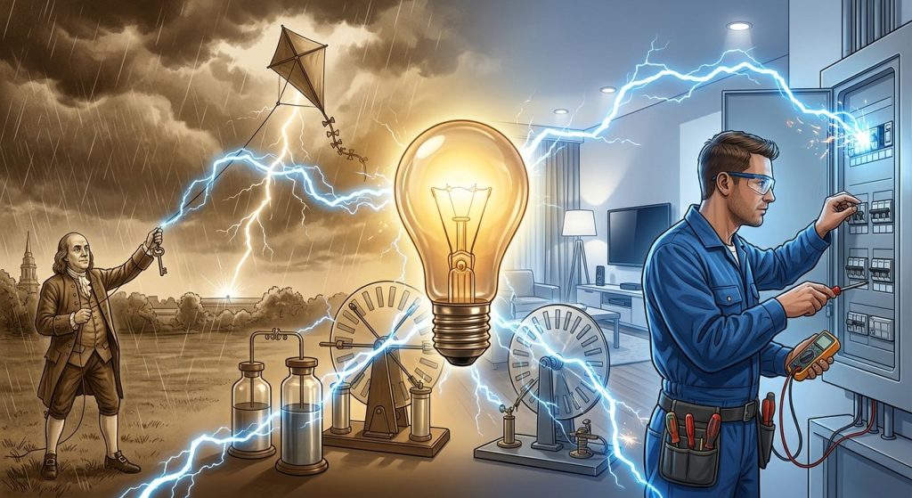 A painterly illustration tracing the evolution of electricity from Benjamin Franklin's kite experiment to a modern electrician working on a service panel