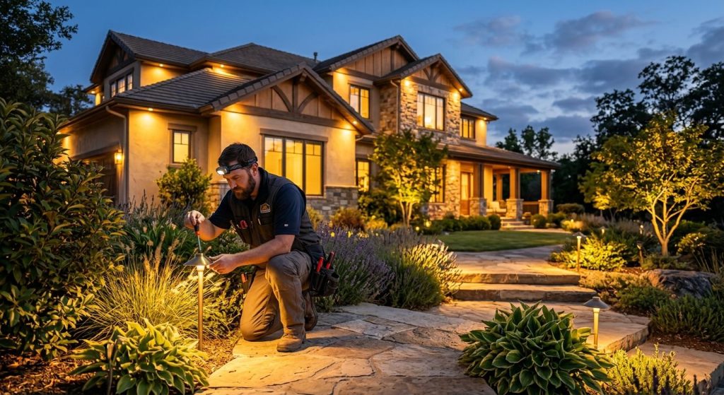 Professional photograph of a California home at dusk with custom landscape lighting and an electrician adjusting a fixture.