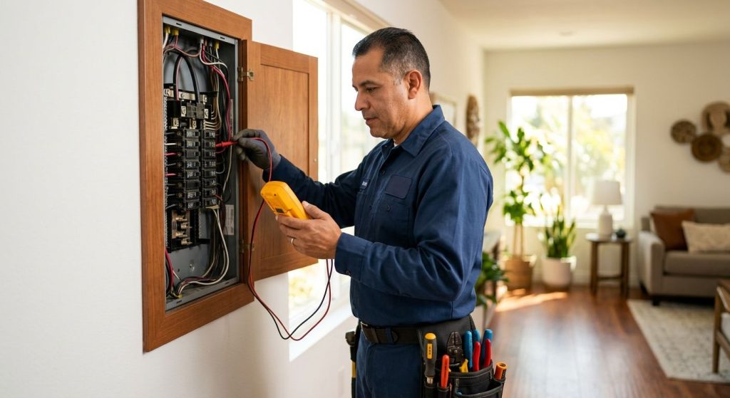 Licensed electrician inspecting electrical panel in Santa Ana home using multimeter