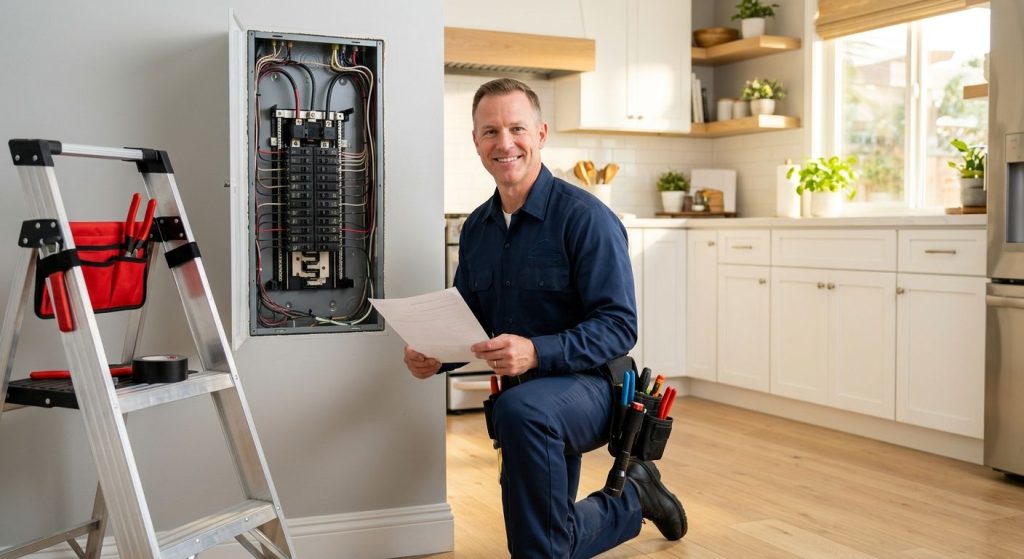 Licensed electrician in San Diego uniform kneeling beside an electrical panel reviewing permit document in a bright California kitchen