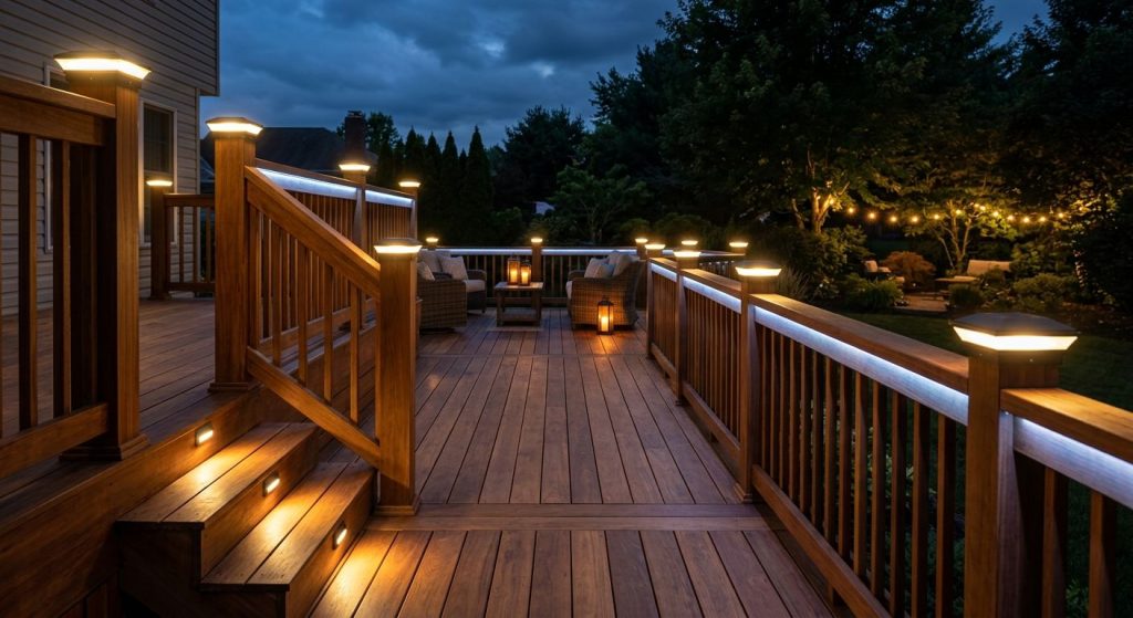 Wooden deck at dusk with glowing LED post-cap lights, blue-white strip lights under railing, recessed step lights, and ambient lanterns in a landscaped backyard with string lights.