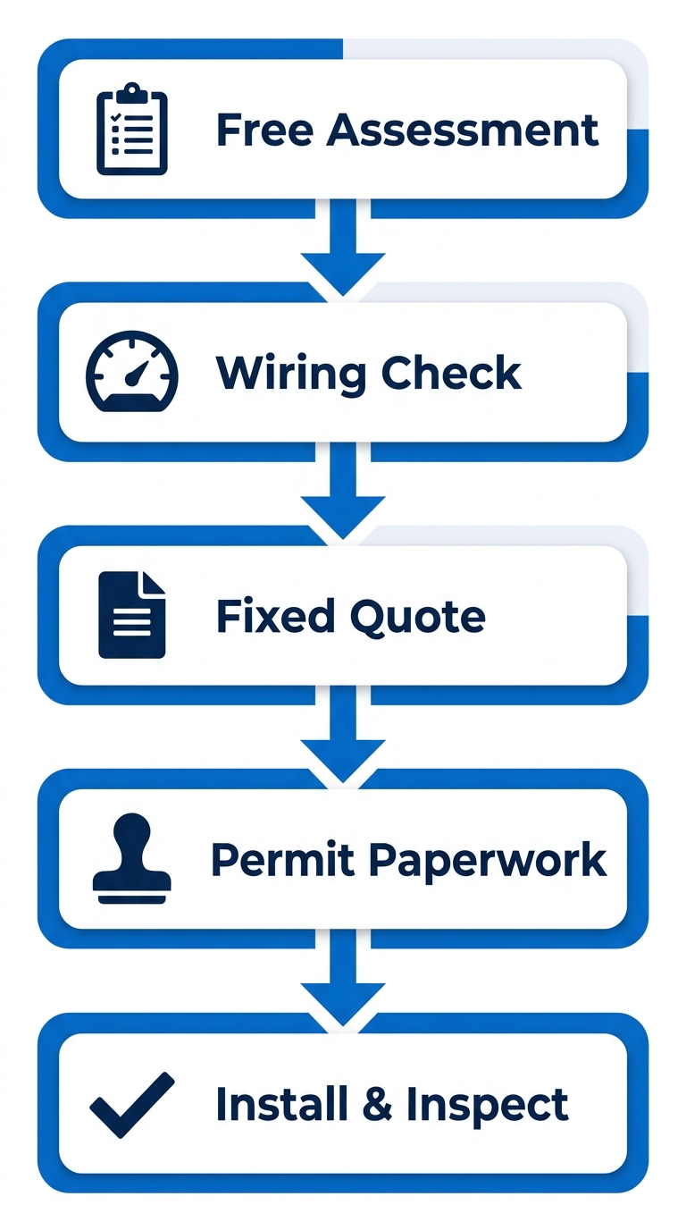 Vertical process flow illustrating five steps from free site assessment to permit-ready installation for electrical services in Anaheim, featuring clipboard, gauge, document, stamp, and checkmark icons in blue and white.