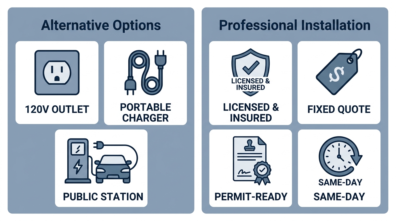 Comparison infographic contrasting alternative EV charging options versus professional installation services for electric vehicle owners.