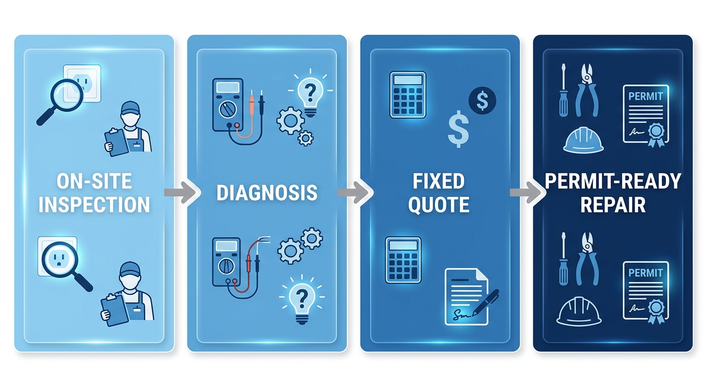 Four-step process diagram showing on-site inspection, diagnosis, fixed quote, and permit-ready repair stages
