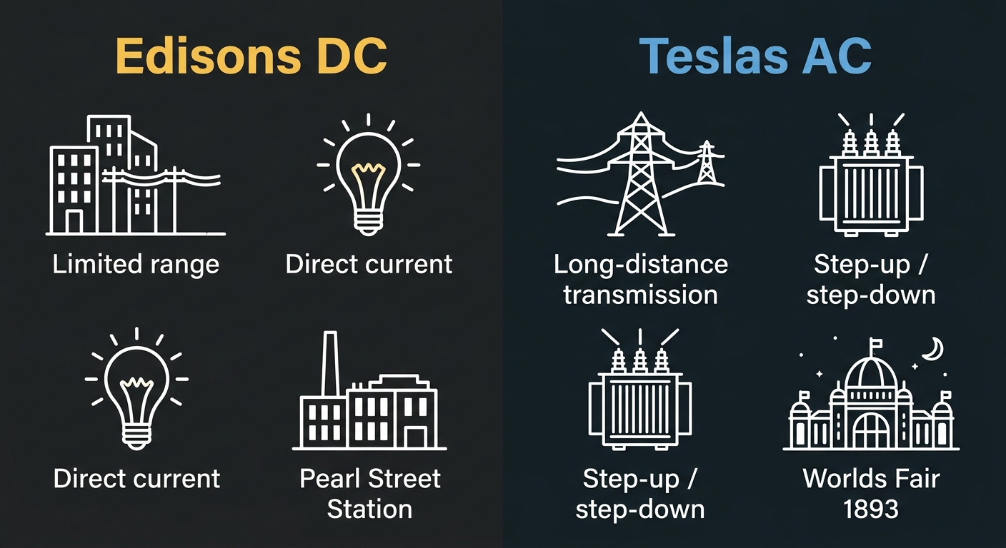 Infographic comparing Edison's DC and Tesla's AC systems on a dark background with warm yellow left column and cool blue right column, featuring minimalist white icons and white sans-serif labels for each feature.