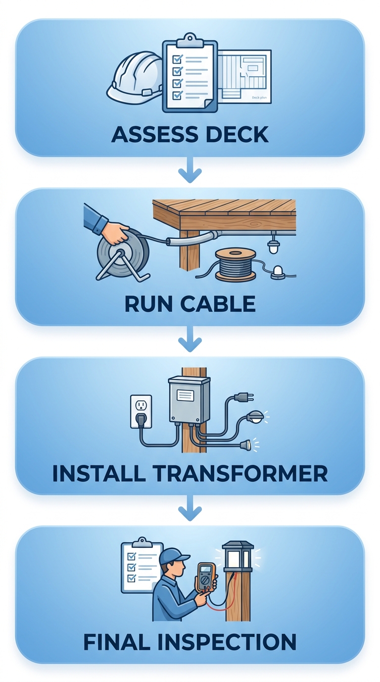 Vertical process flow diagram with four stages for retrofitting deck lighting: Assess Deck, Run Cable, Install Transformer, and Final Inspection, using rounded rectangles with soft blue gradients connected by downward arrows.
