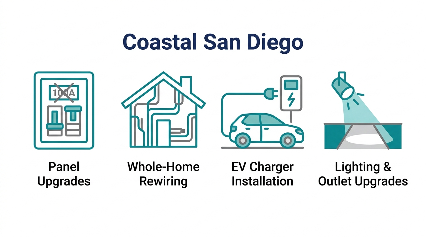 Infographic showing four electrical services for Coastal San Diego: panel upgrades, whole-home rewiring, EV charger installation, lighting and outlet upgrades.