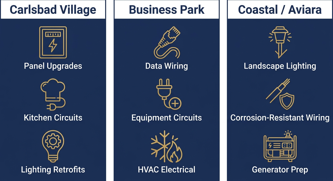 Three-column infographic comparing commercial zones: Carlsbad Village panel upgrades, kitchen circuits, lighting retrofits; Business Park data wiring, equipment circuits, HVAC electrical; Coastal / Aviara landscape lighting, corrosion-resistant wiring, generator prep