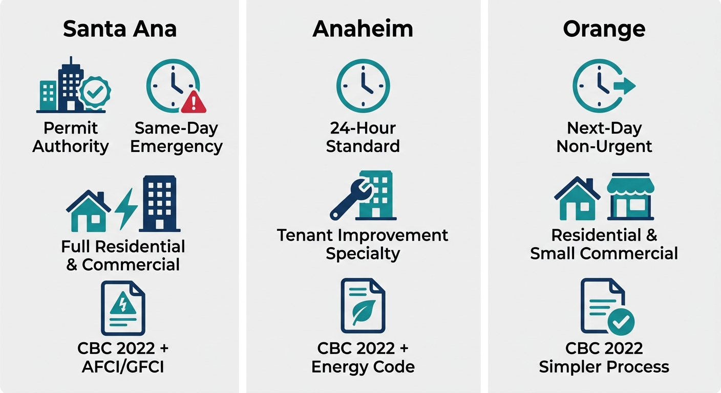Three-column infographic comparing Santa Ana, Anaheim, and Orange electrical service landscapes. Columns show permit authority, typical response time, service range, and building codes for each city.