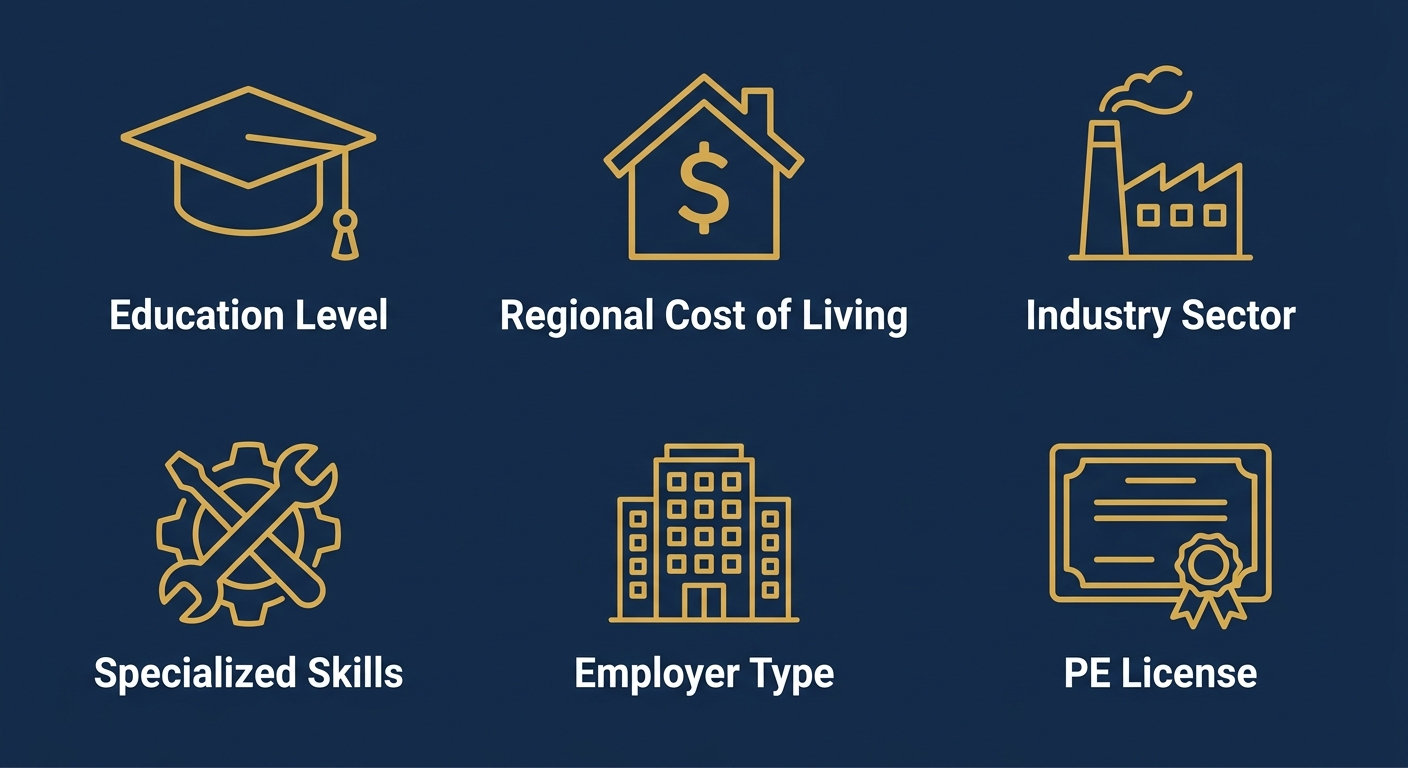 Infographic with six gold outlined icons on a deep navy background, each labeled in white sans-serif text: Education Level, Regional Cost of Living, Industry Sector, Specialized Skills, Employer Type, and PE License.