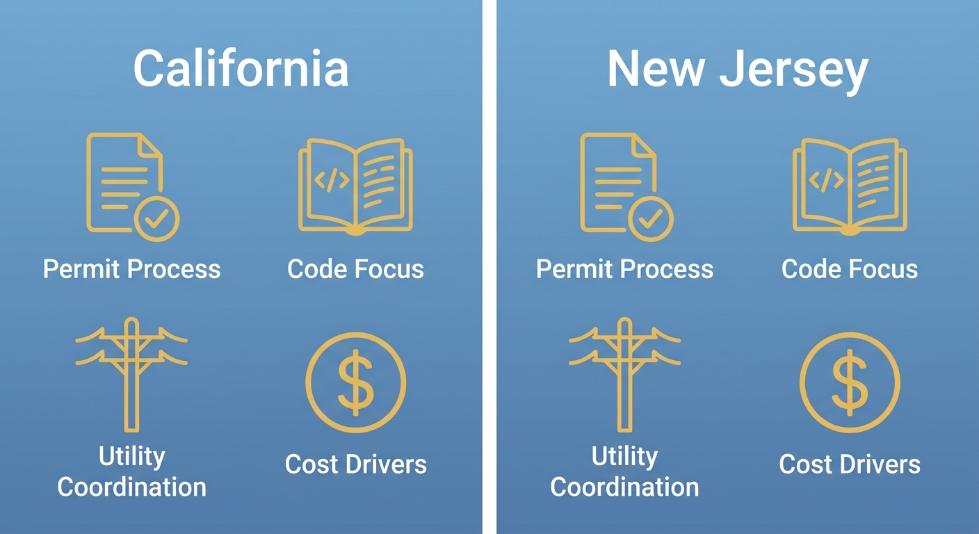 Infografía de dos columnas que compara instalaciones de calentadores de agua en California y Nueva Jersey, con filas de iconos para permisos, código, servicios públicos y costos.