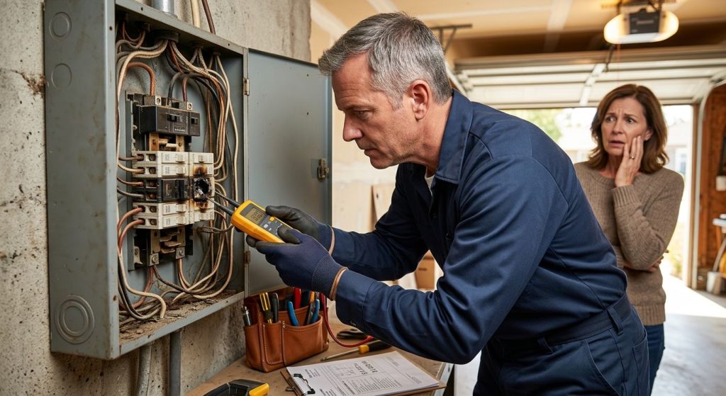 Licensed electrician examining a Federal Pacific Stab-Lok panel in a garage with a voltage tester, worried homeowner in the background, clean lighting and clipboard visible