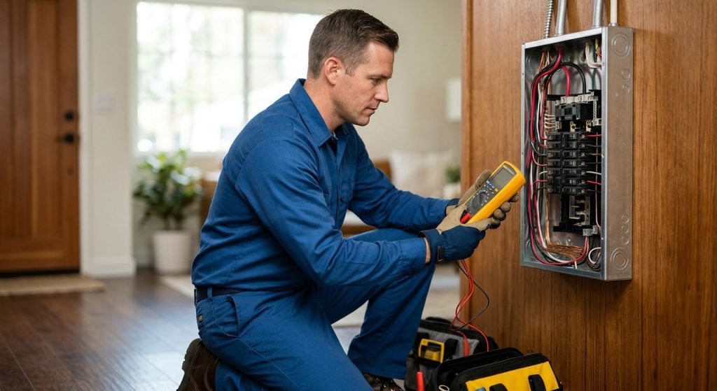 Licensed electrician kneeling by residential electrical panel in Pasadena home, holding multimeter, with open panel showing organized wiring.