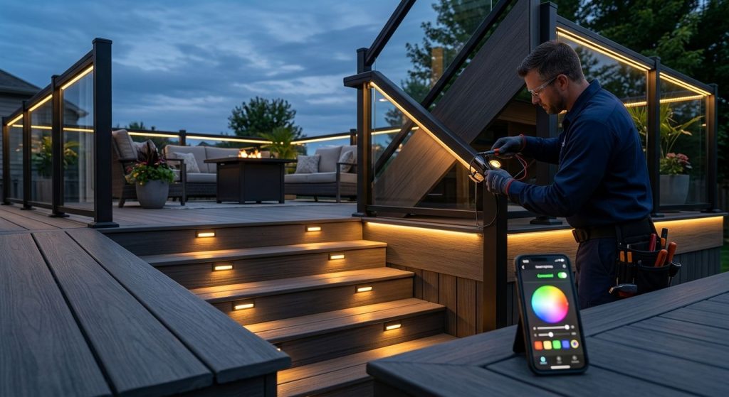 Licensed electrician installing low-voltage LED deck lighting at twilight on a modern composite deck with glass railing