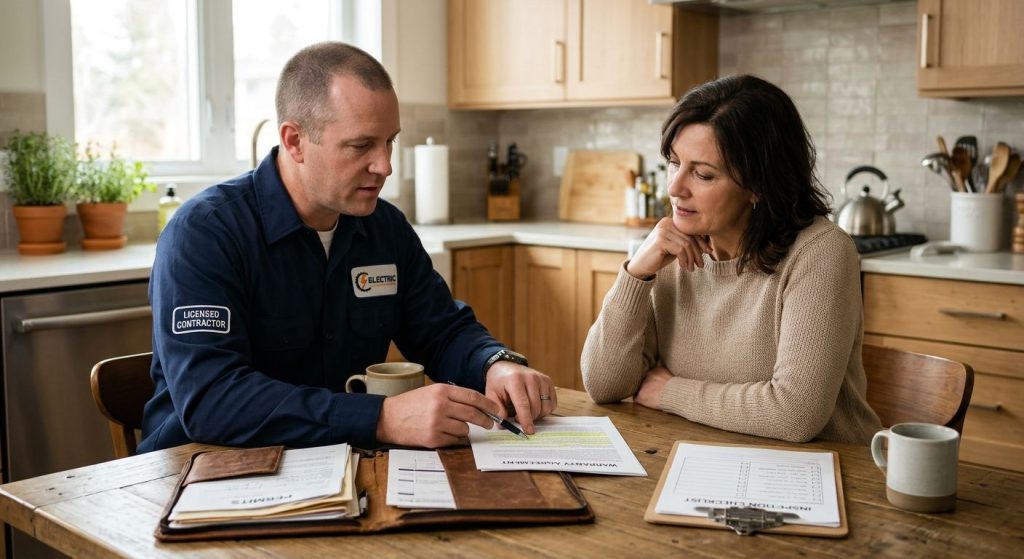 A licensed electrician in uniform reviewing a warranty document with a homeowner at a kitchen table, warm natural lighting