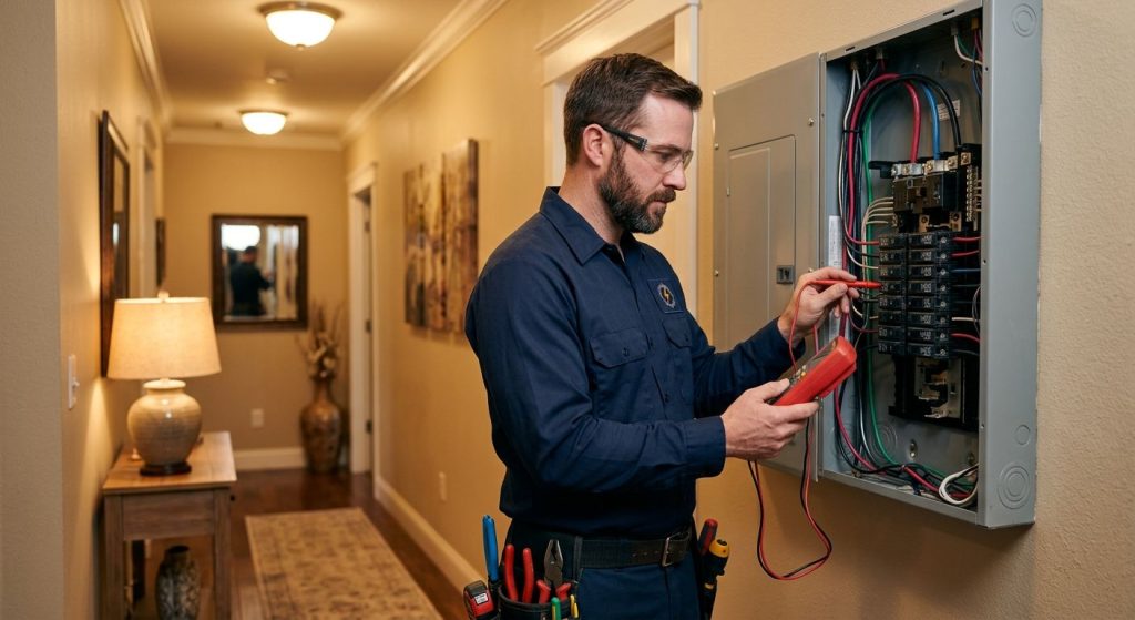 Licensed electrician in blue uniform holding multimeter near open electrical panel in residential hallway, with a flickering lamp in background