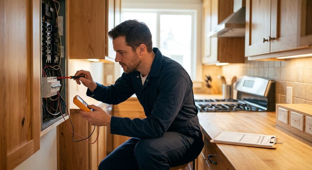 Professional electrician inspecting circuit panel in modern kitchen with estimate clipboard