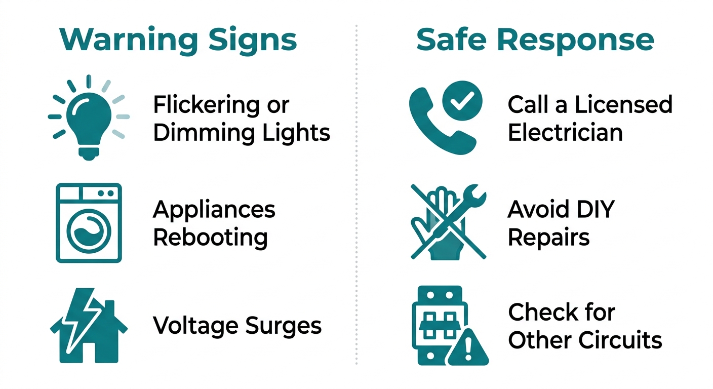 Infographic with two columns for loose neutral wire safety. Left column Warning Signs: Flickering or Dimming Lights, Appliances Rebooting, Voltage Surges icons. Right column Safe Response: Call a Licensed Electrician, Avoid DIY Repairs, Check for Other Circuits icons.