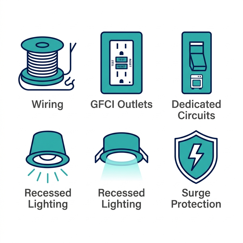 Icon set illustrating five key electrical components: wiring, GFCI outlets, dedicated circuits, recessed lighting, and surge protection.