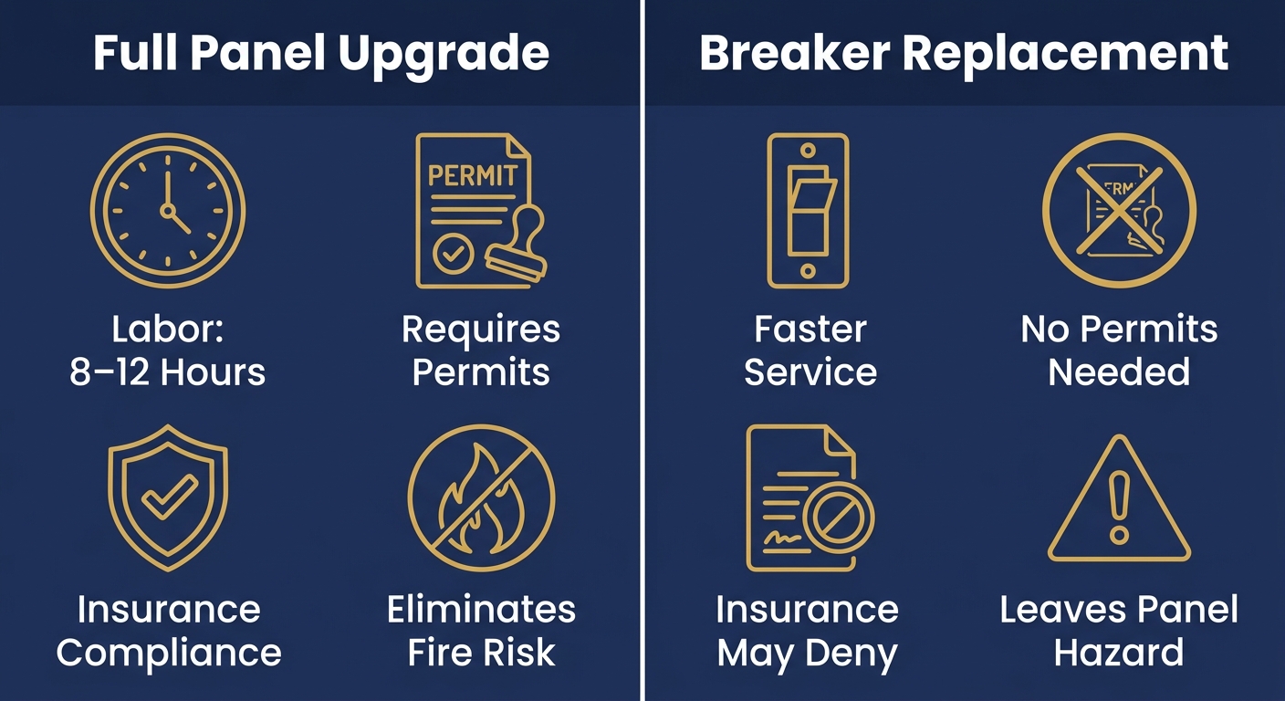 Infographic comparing full panel upgrade vs breaker replacement with icons and labels