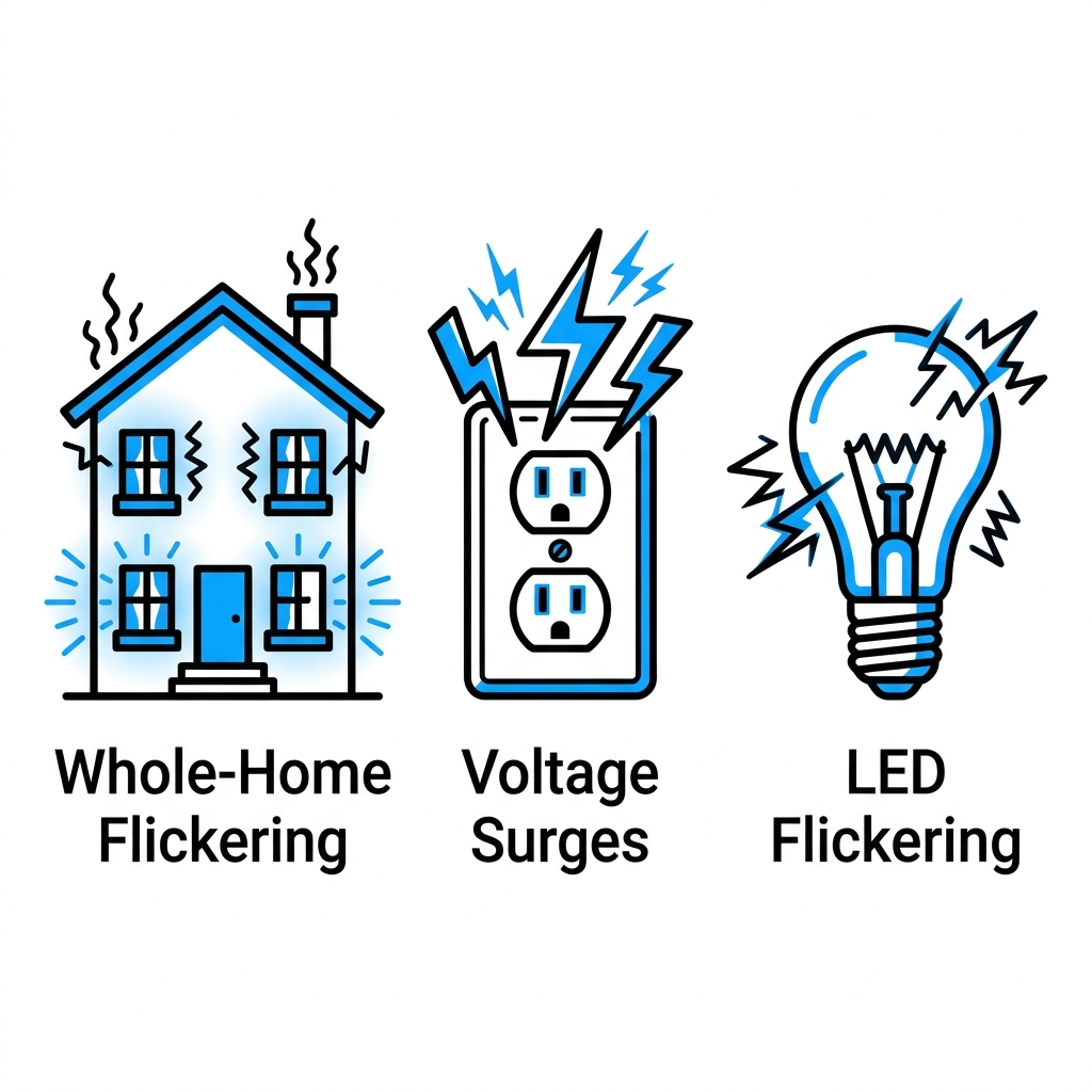 Icon set showing signs needing emergency electrician: whole-home flickering, voltage surges, LED flickering.