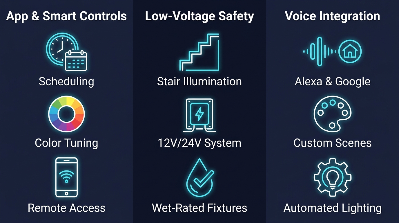Infographic of smart deck lighting features: app and smart controls, low-voltage safety, and voice integration with labeled outlined icons on a dark navy background.